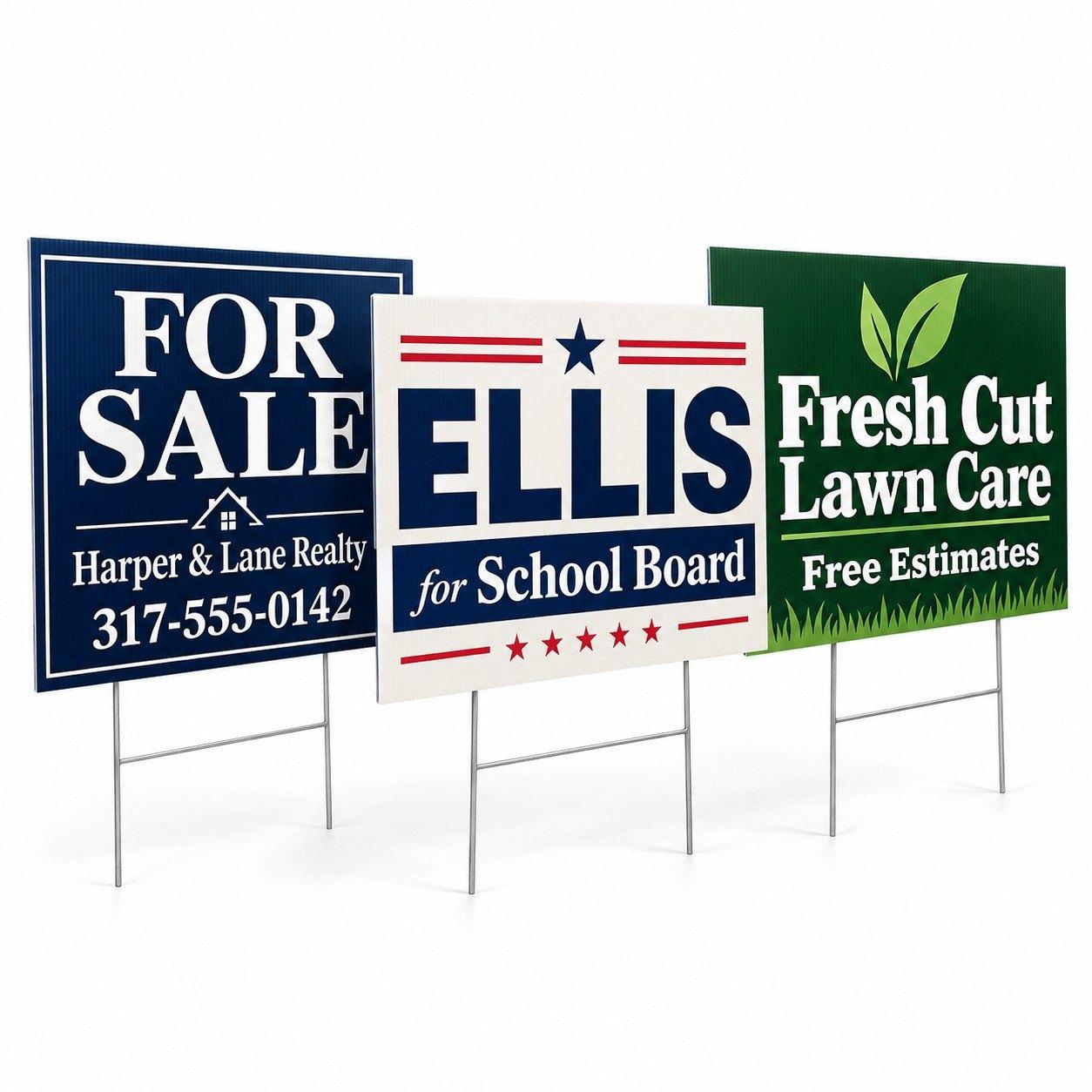 Three custom yard signs: a real estate sign, a school board campaign sign and a lawn care sign
